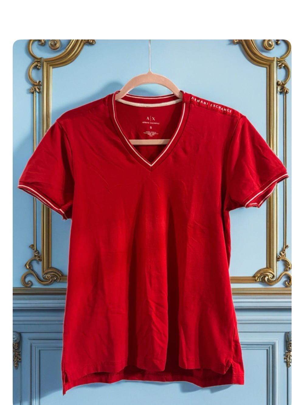 Armani Exchange Red V-Neck Tee with White Trim
